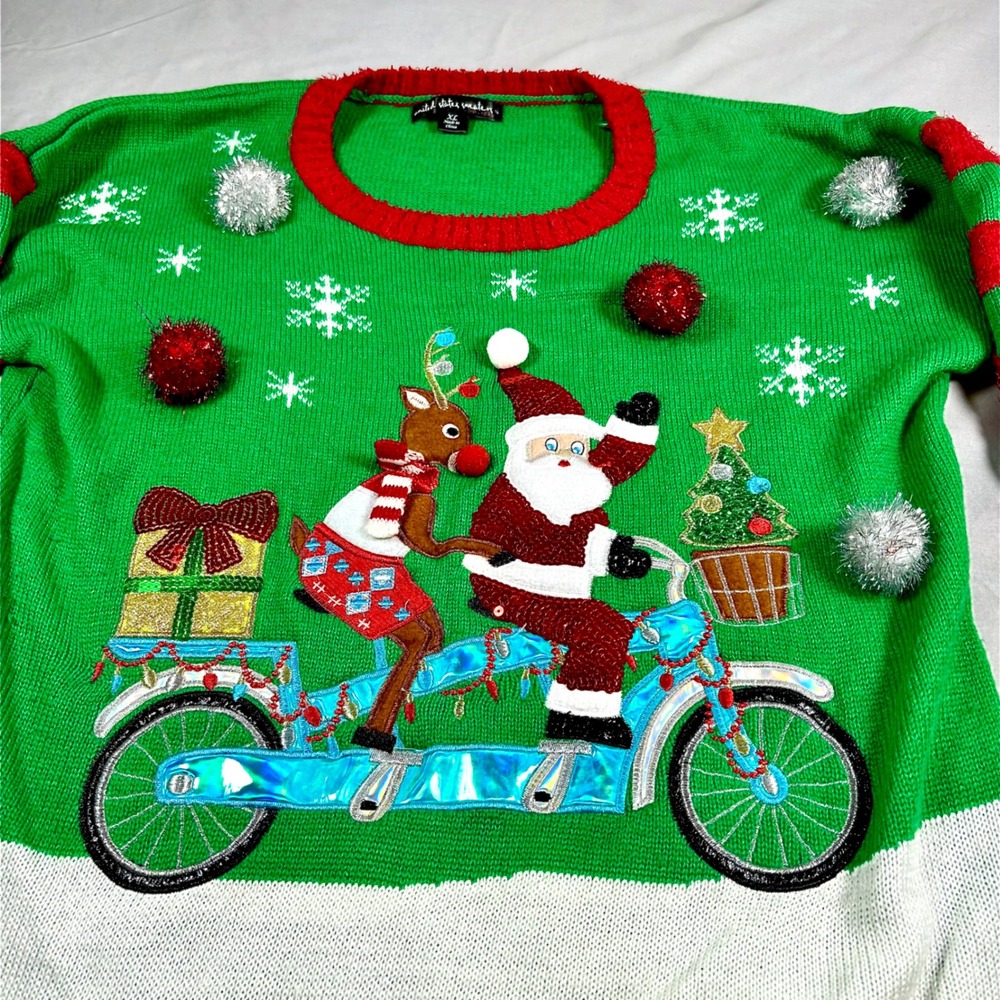 United States Sweaters Santa Reindeer Tandem Bike Ugly Christmas Sweater XL